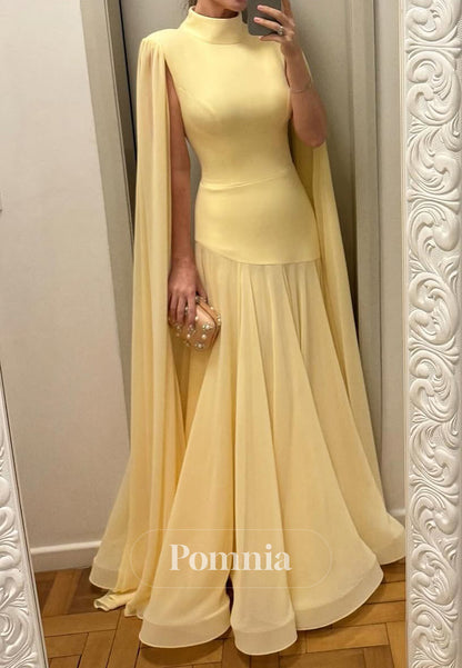 Daffodil Cape High Neck Ruched Corset Evening Dress