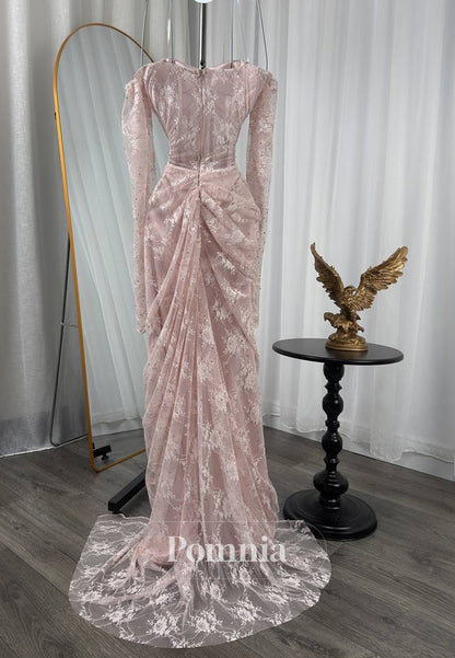 Blushing Pink Long Sleeves Sweetheart Slit Corset Prom Dress