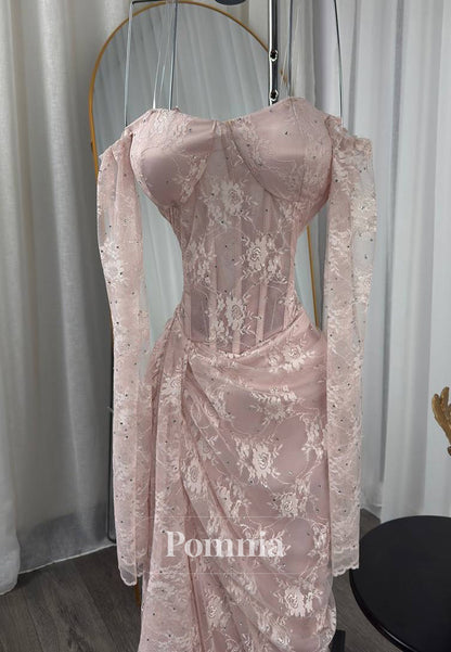 Blushing Pink Long Sleeves Sweetheart Slit Corset Prom Dress