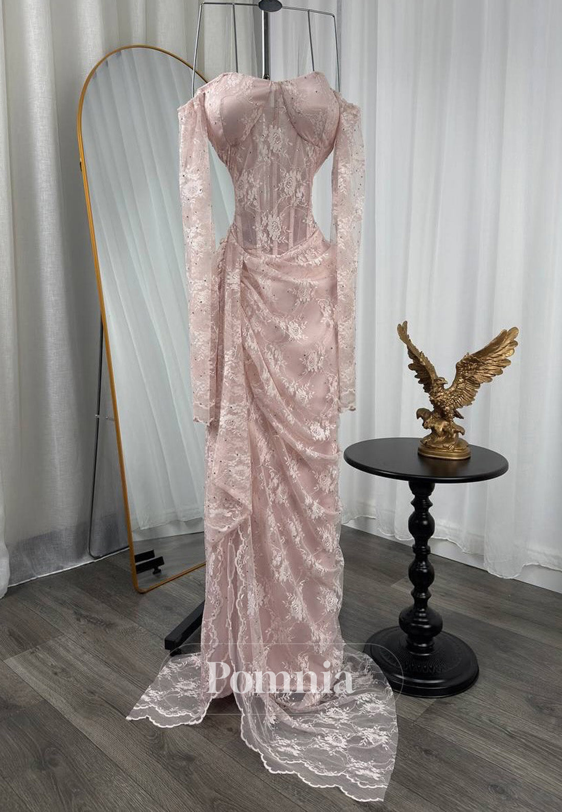 Blushing Pink Long Sleeves Sweetheart Slit Corset Prom Dress