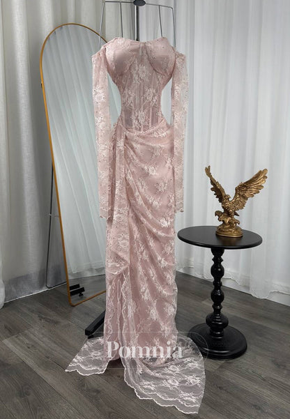 Blushing Pink Long Sleeves Sweetheart Slit Corset Prom Dress