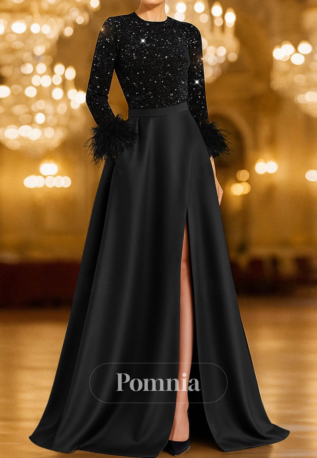 Formal Dress Elegant High Split Silky Long Sleeve Crew Neck