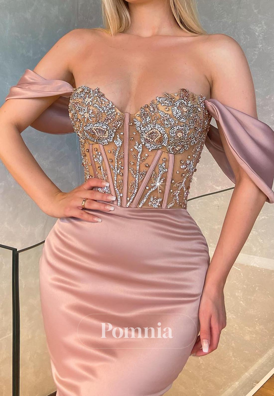 Blushing Pink Off-Shoulder Beads Ruched Evening Dress