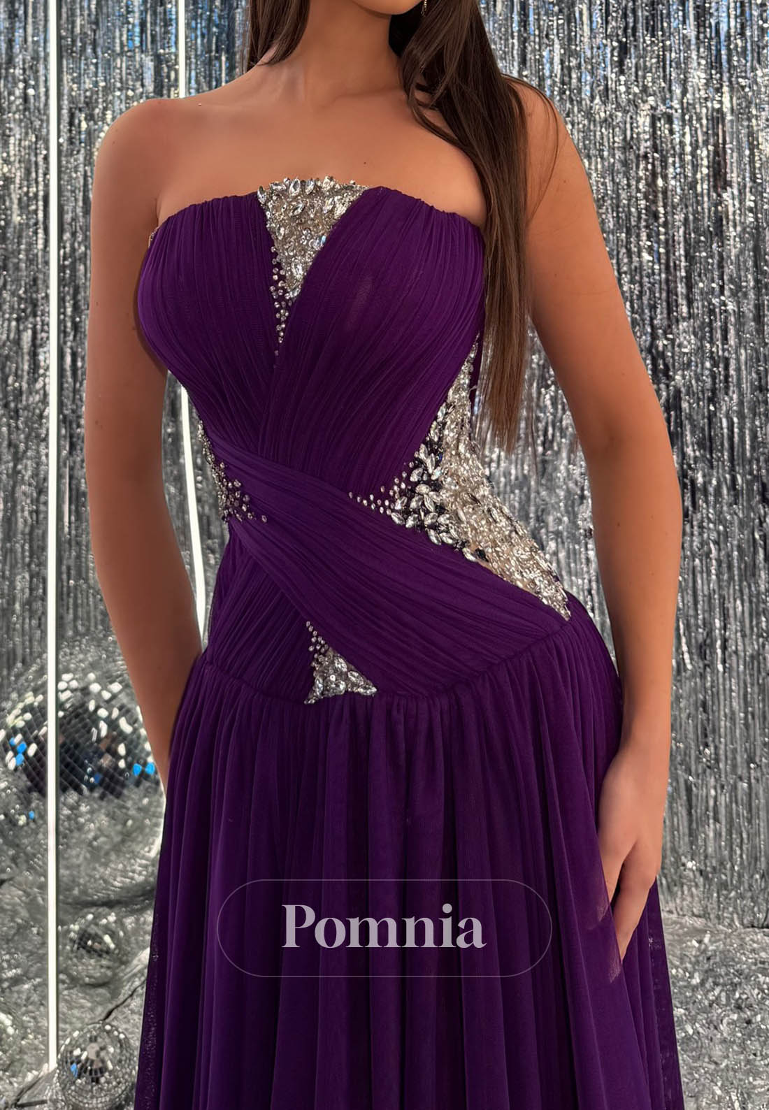 Orchid Sleeveless Strapless Lace Prom Dress