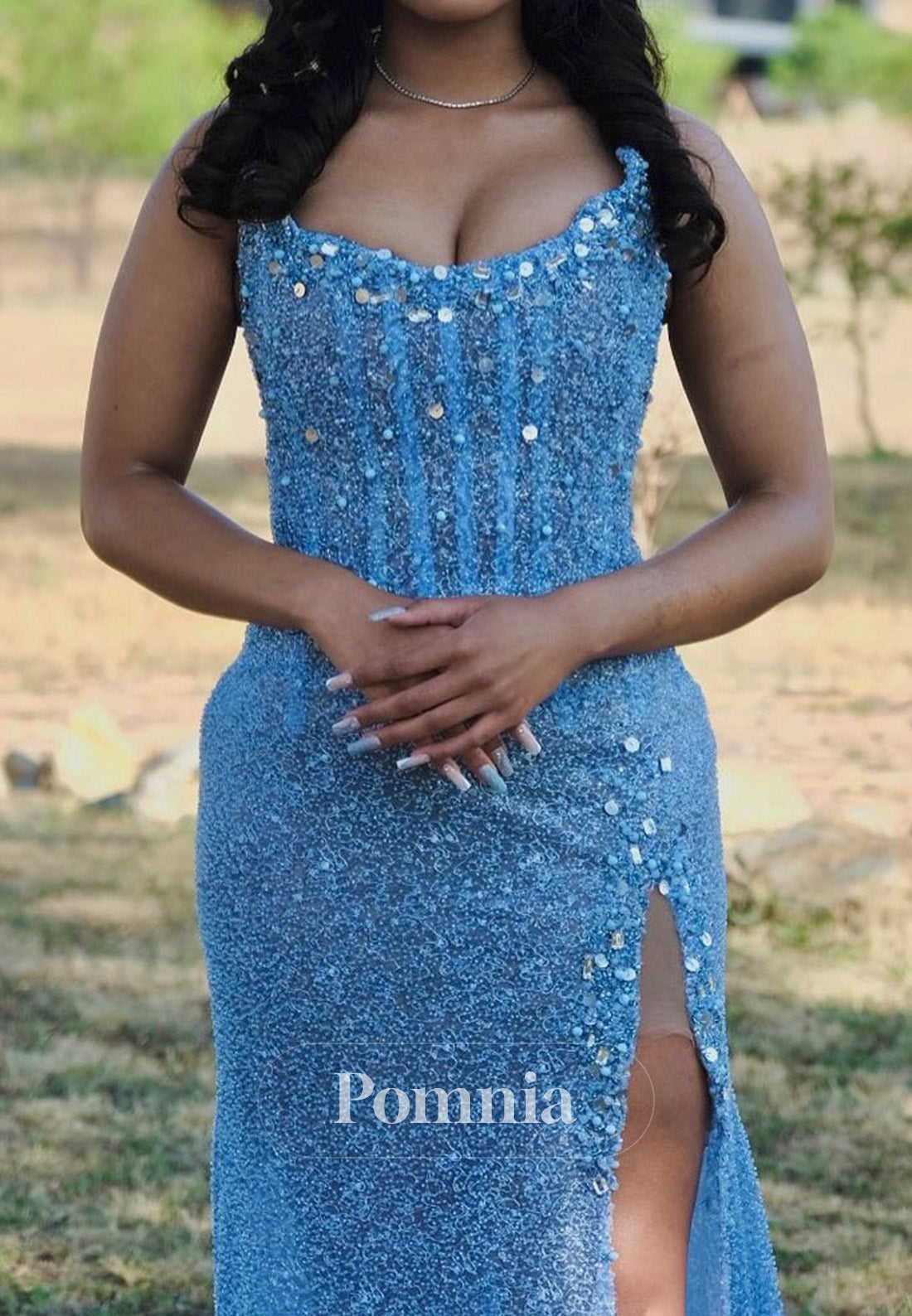 Sky Blue Sleeveless Strapless Sequins Slit Sheath Prom Dress