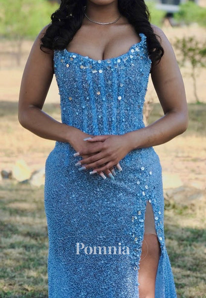 Sky Blue Sleeveless Strapless Sequins Slit Sheath Prom Dress