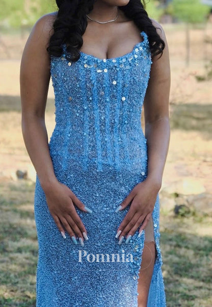 Sky Blue Sleeveless Strapless Sequins Slit Sheath Prom Dress