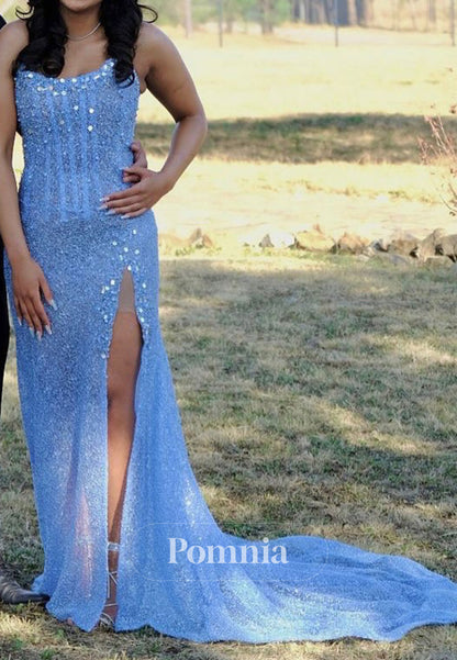 Sky Blue Sleeveless Strapless Sequins Slit Sheath Prom Dress