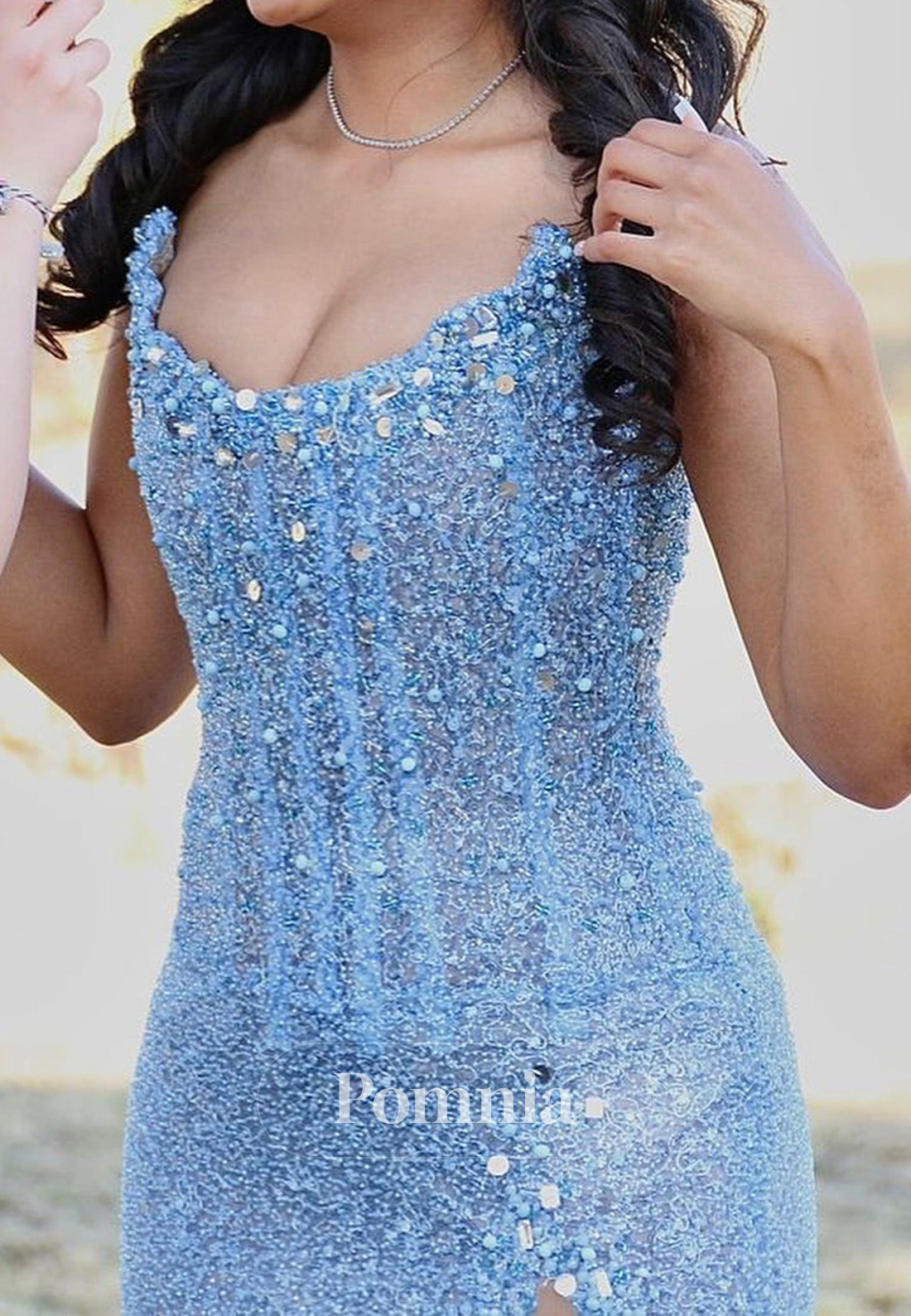 Sky Blue Sleeveless Strapless Sequins Slit Sheath Prom Dress