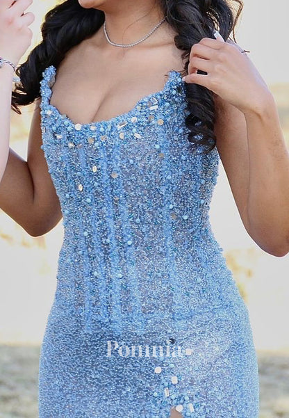 Sky Blue Sleeveless Strapless Sequins Slit Sheath Prom Dress