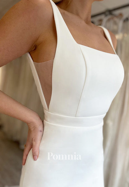 Simple Spaghetti Straps Square Mermaid Satin Wedding Dress