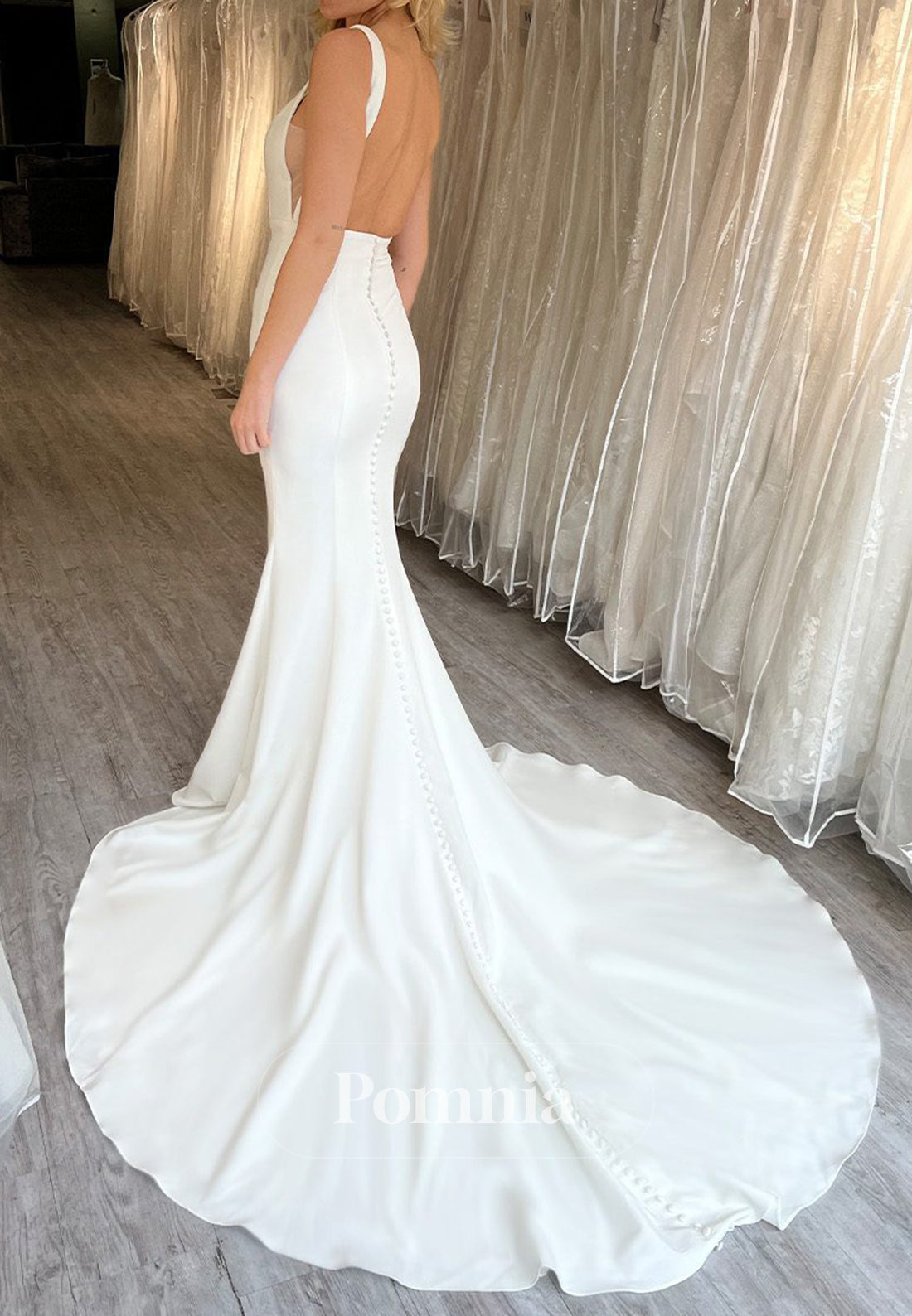 Simple Spaghetti Straps Square Mermaid Satin Wedding Dress