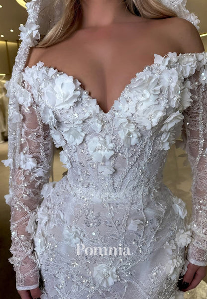 Long Sleeves Sweetheart Floral Appliques Mermaid Wedding Dress