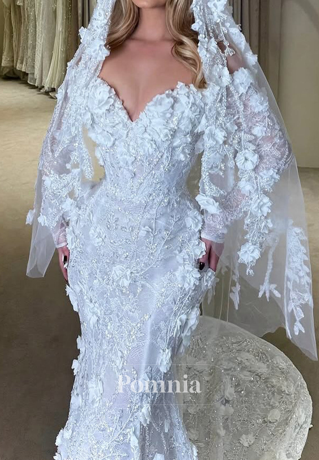 Long Sleeves Sweetheart Floral Appliques Mermaid Wedding Dress