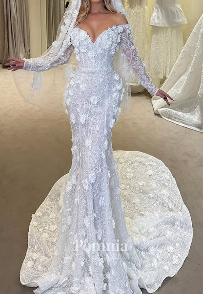Long Sleeves Sweetheart Floral Appliques Mermaid Wedding Dress