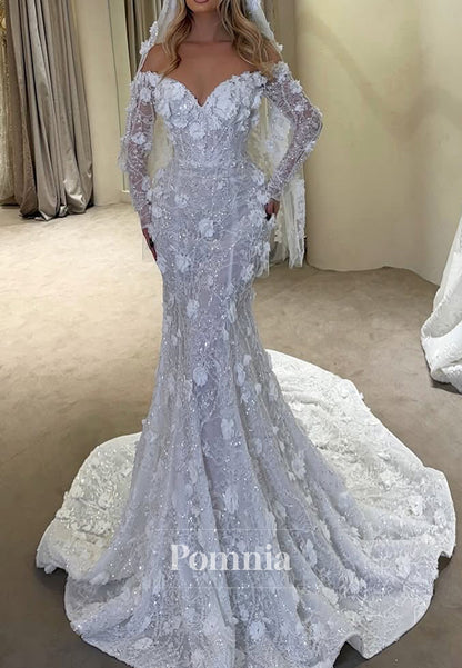Long Sleeves Sweetheart Floral Appliques Mermaid Wedding Dress