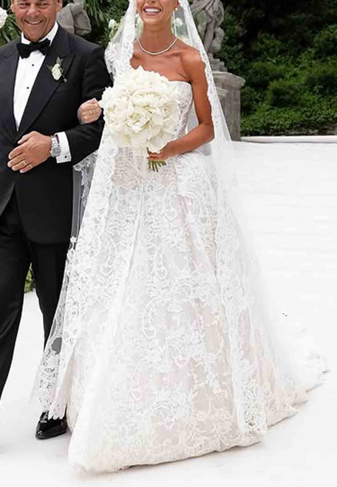 Lace Chapel Train Strapless Ball Gown Empire Covered Button Wedding Dresses