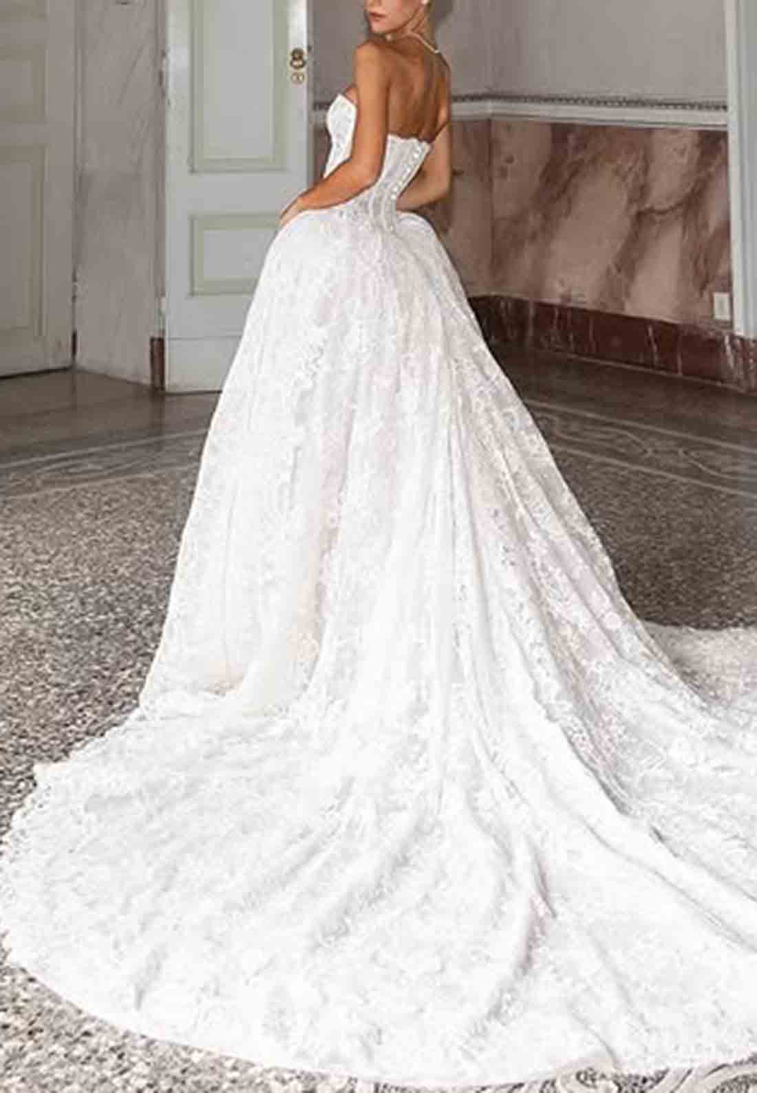 Lace Chapel Train Strapless Ball Gown Empire Covered Button Wedding Dresses