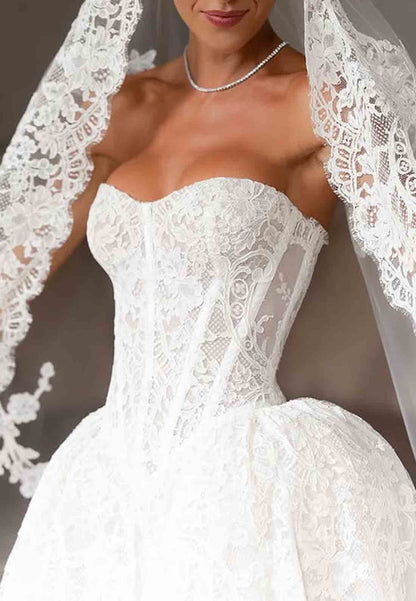 Lace Chapel Train Strapless Ball Gown Empire Covered Button Wedding Dresses
