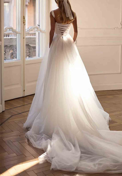 Tulle Empire Sweetheart Cap Straps Crisscross Back A-Line Court Train Wedding Dresses