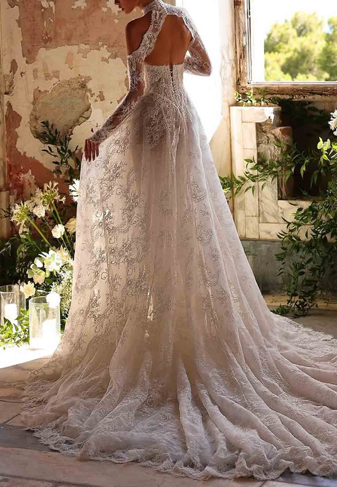 High Slit Off-Shoulder Lace Long Sleeves A-Line Court Train Empire Wedding Dresses