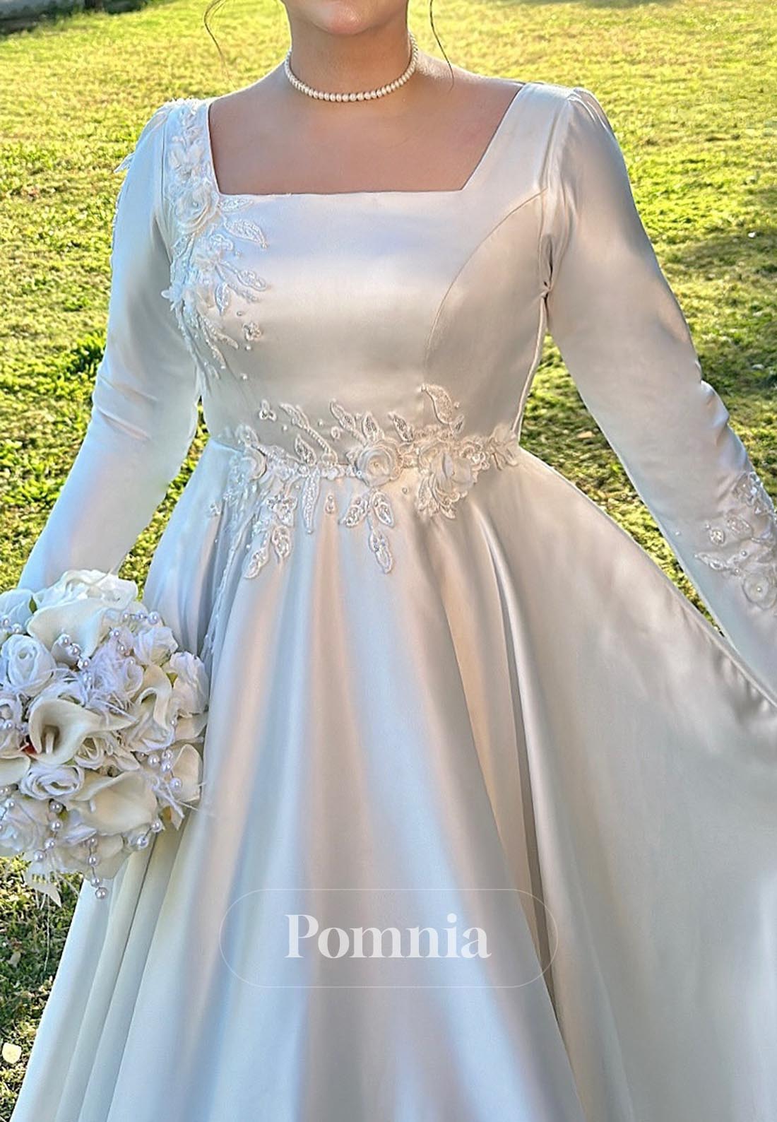 A-Line Long Sleeves Square Appliques Satin Wedding Dress