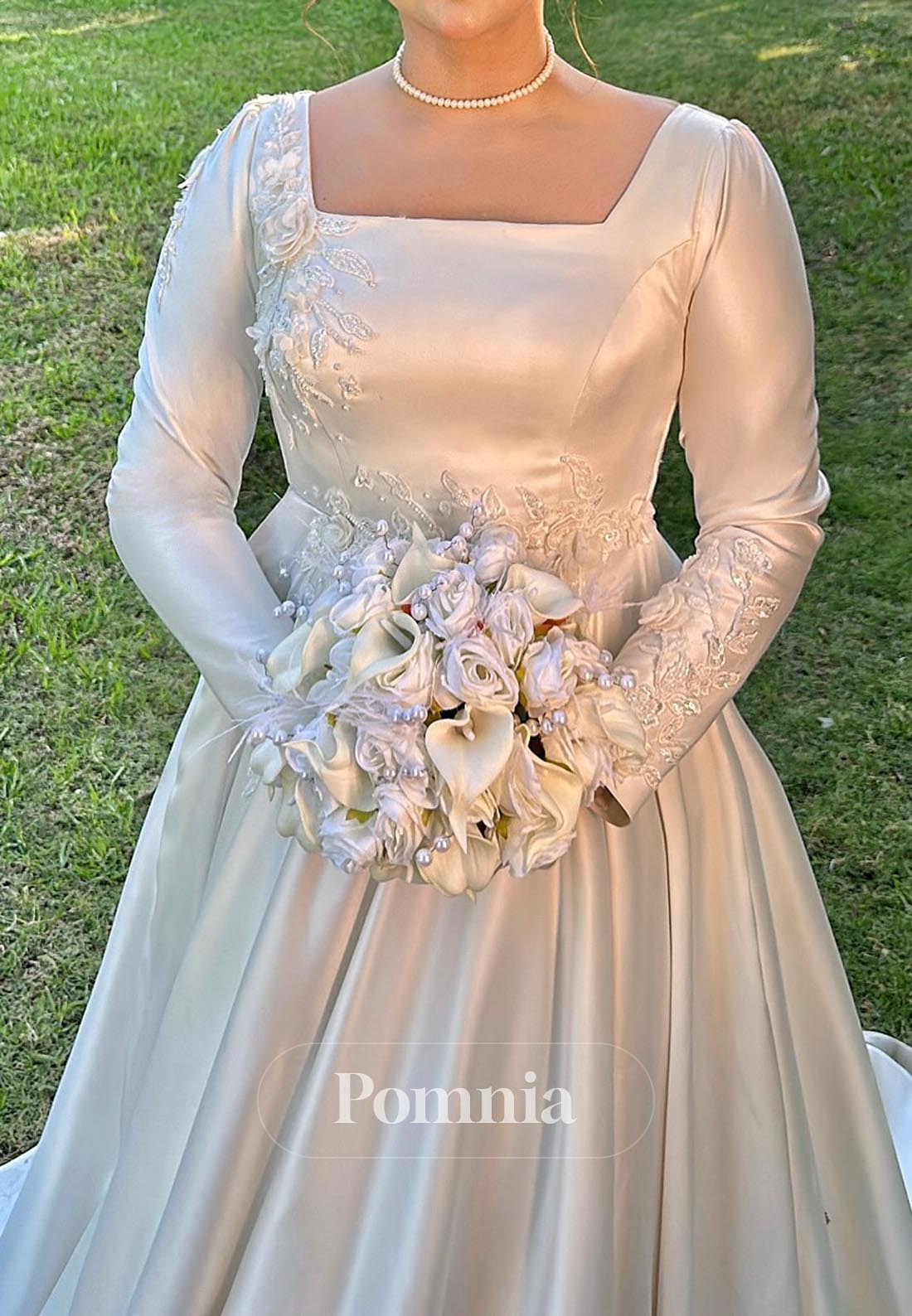 A-Line Long Sleeves Square Appliques Satin Wedding Dress