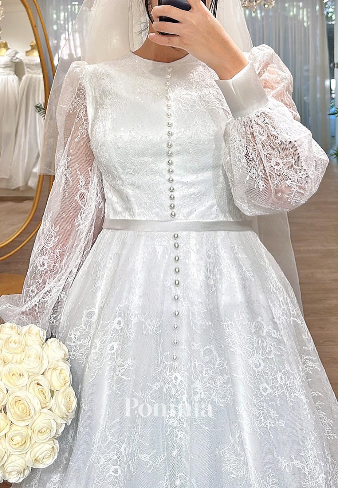 Long Sleeves Scoop Pearls Corset Lace Wedding Dress