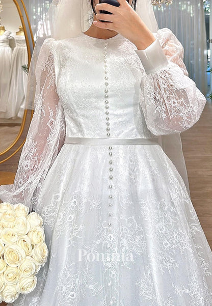Long Sleeves Scoop Pearls Corset Lace Wedding Dress