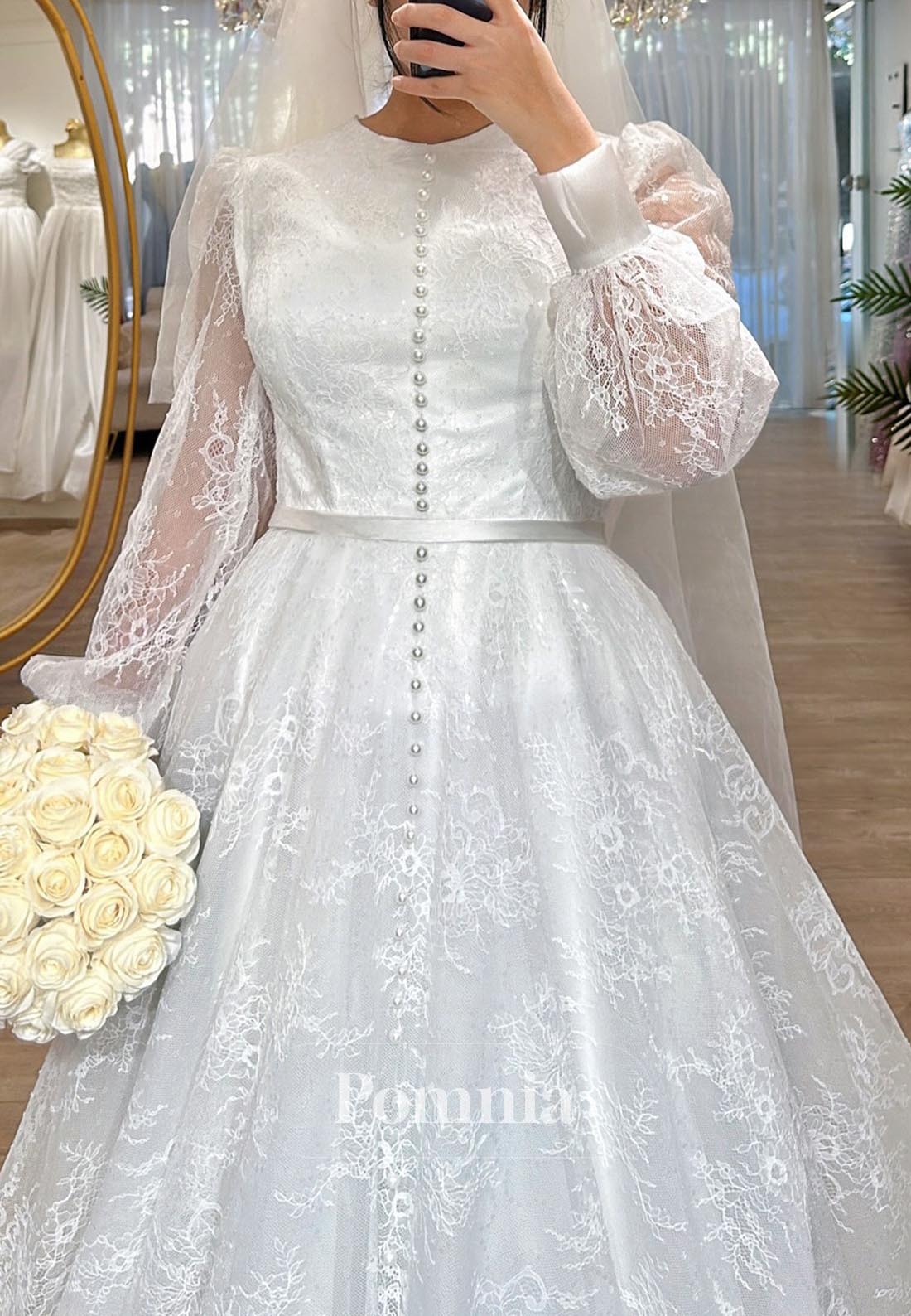 Long Sleeves Scoop Pearls Corset Lace Wedding Dress