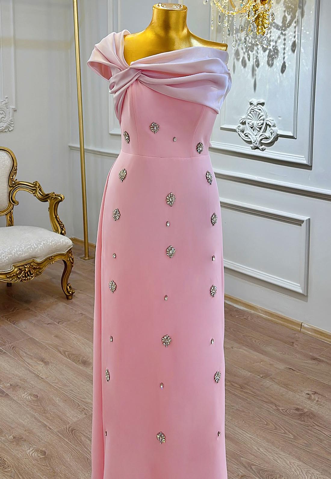 Pink A-Line One Shoulder Beads Evening Dress