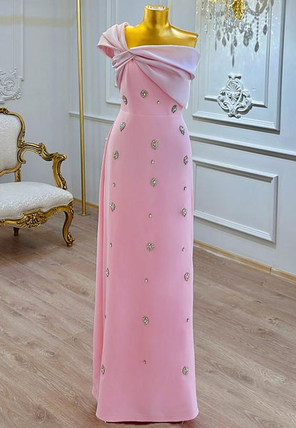 Pink A-Line One Shoulder Beads Evening Dress