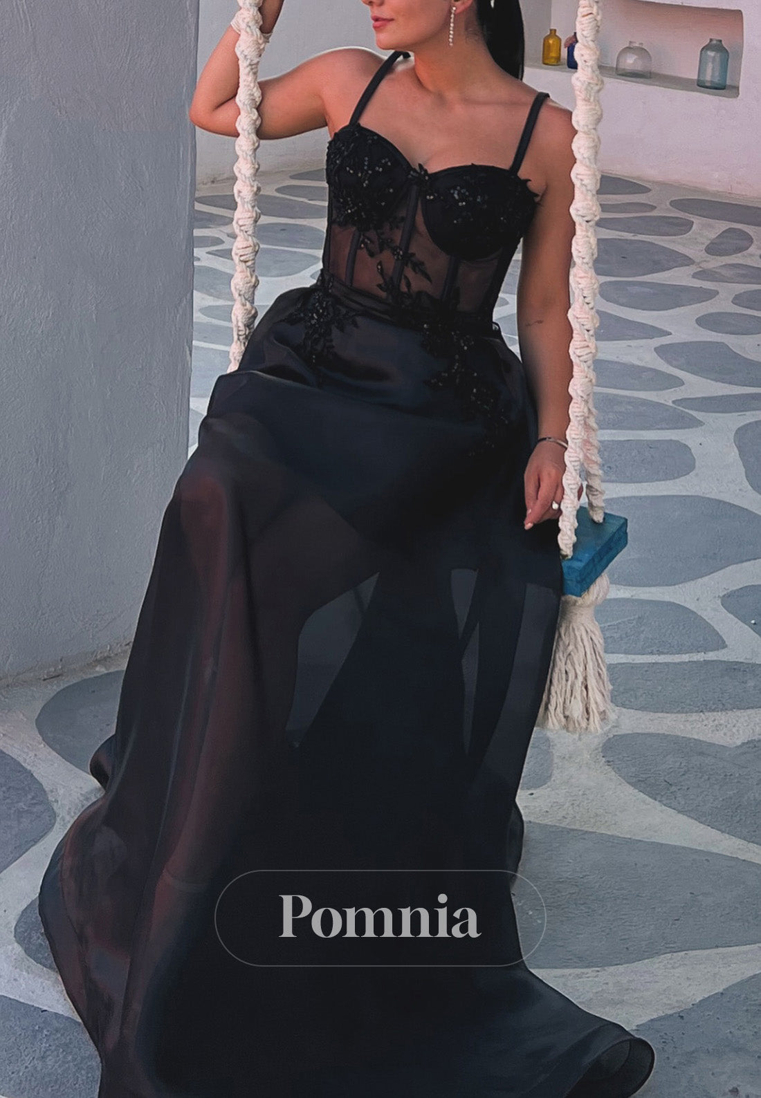 Black Spaghetti Straps Sweetehart A-Line Empire-Waist Prom Dress