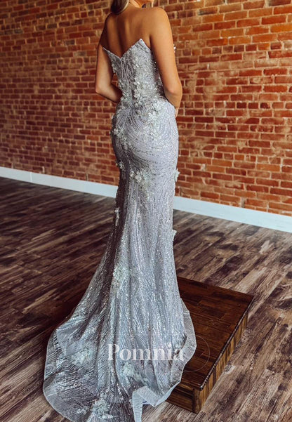 Charming Sleeveless Strapless Slit Floral Appliques Prom Dress