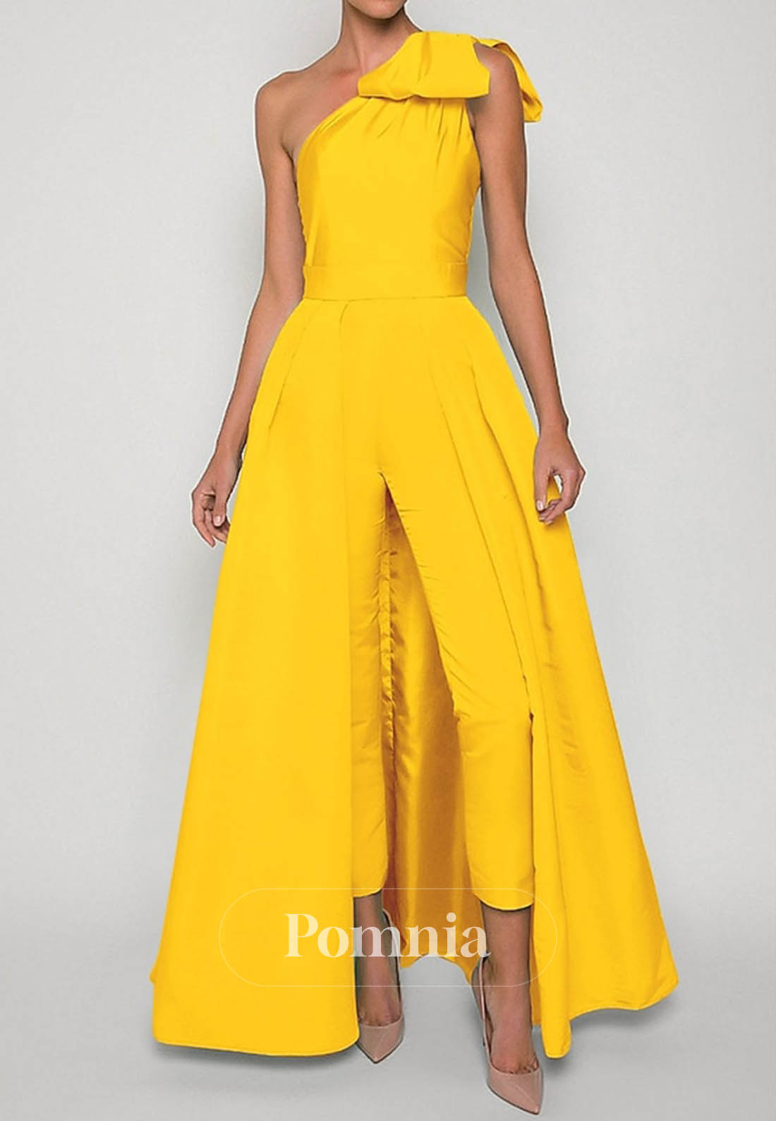 Simple One Shoulder Sleeveless Jumpsuit Satin Evening Dress