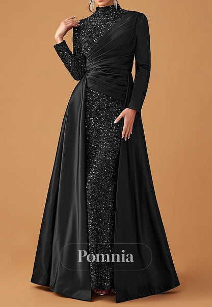 Elegant Party Black Dress Long Sleeve Cowl Neck Formal Lace with Sequin