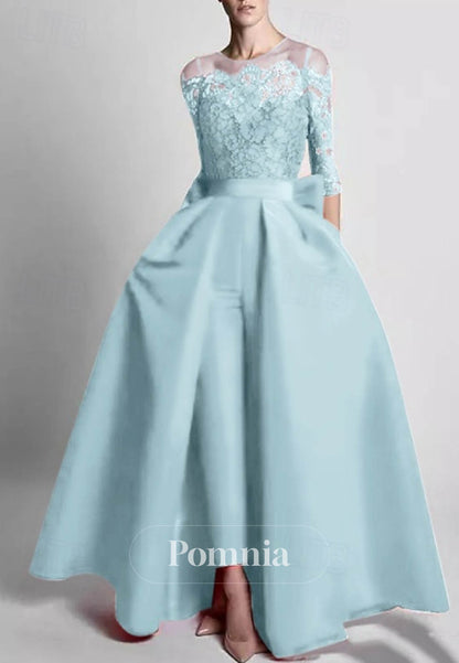 Long Sleeves Scoop Floral Appliques Jumpsuit Bowknot Evening Dress