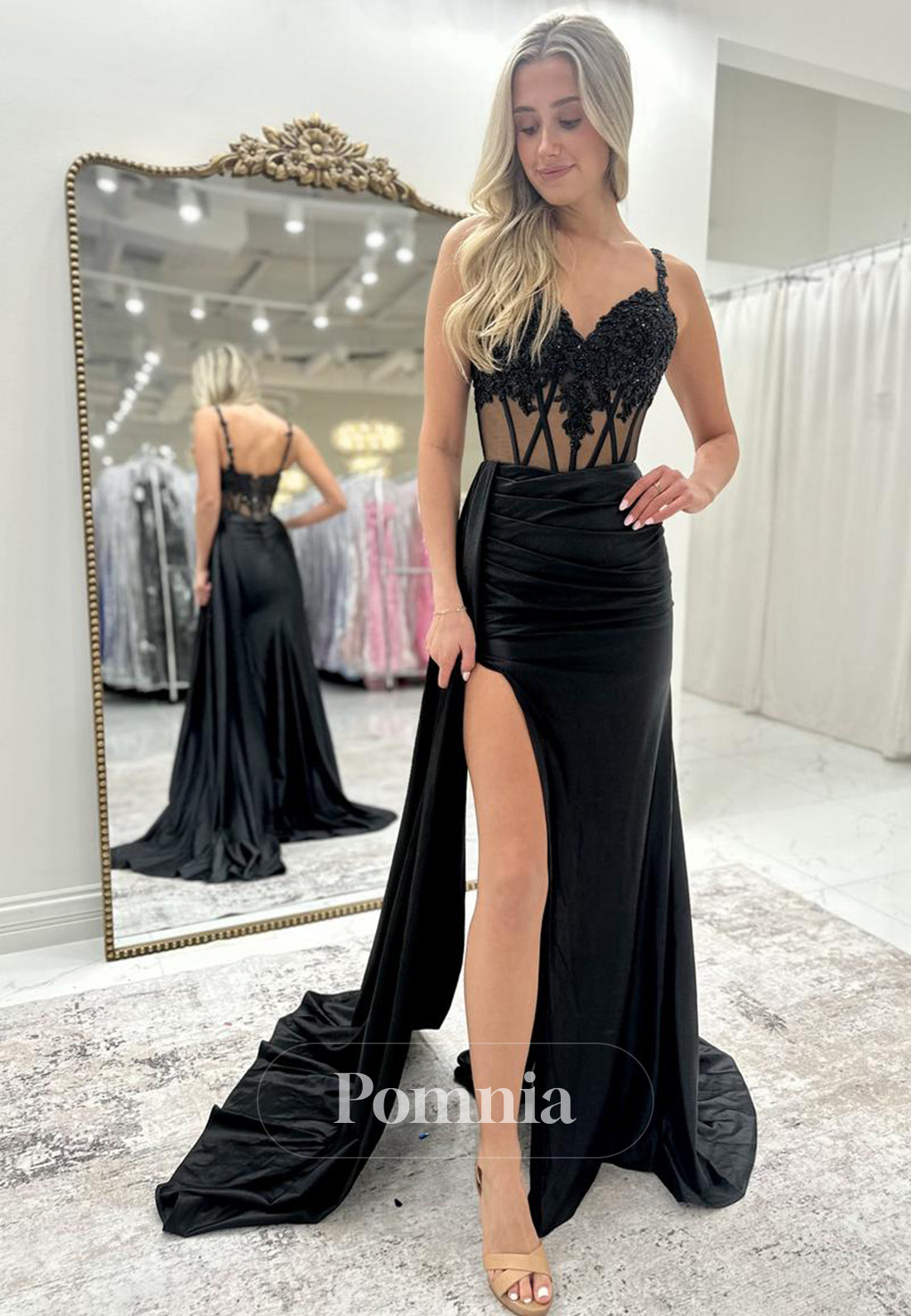 Sheath Spaghetti Straps Sweetheart Prom Dress with Slit Corset Tulle Evening Party Dress