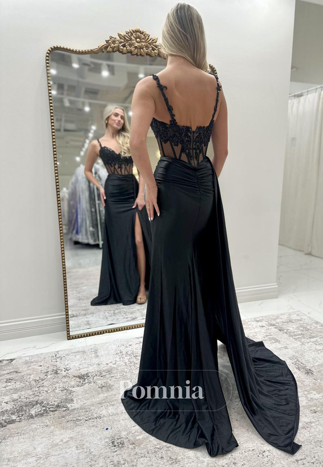 Sheath Spaghetti Straps Sweetheart Prom Dress with Slit Corset Tulle Evening Party Dress