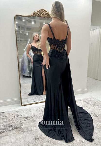 Sheath Spaghetti Straps Sweetheart Prom Dress with Slit Corset Tulle Evening Party Dress