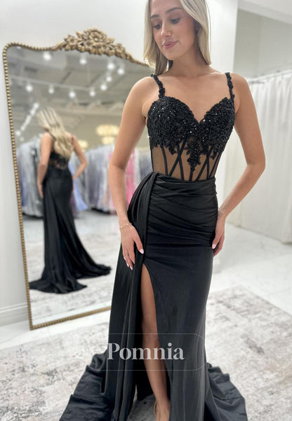 Sheath Spaghetti Straps Sweetheart Prom Dress with Slit Corset Tulle Evening Party Dress