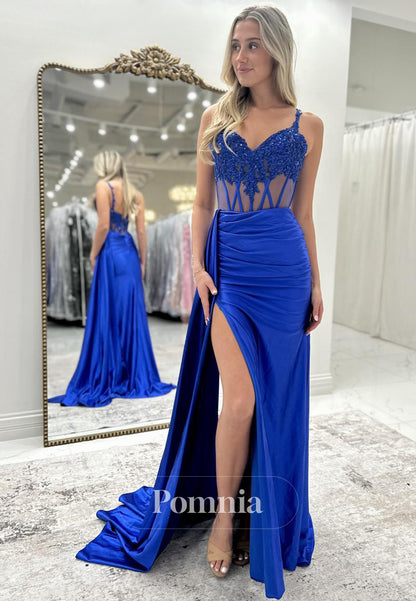 Sheath Spaghetti Straps Sweetheart Prom Dress with Slit Corset Tulle Evening Party Dress