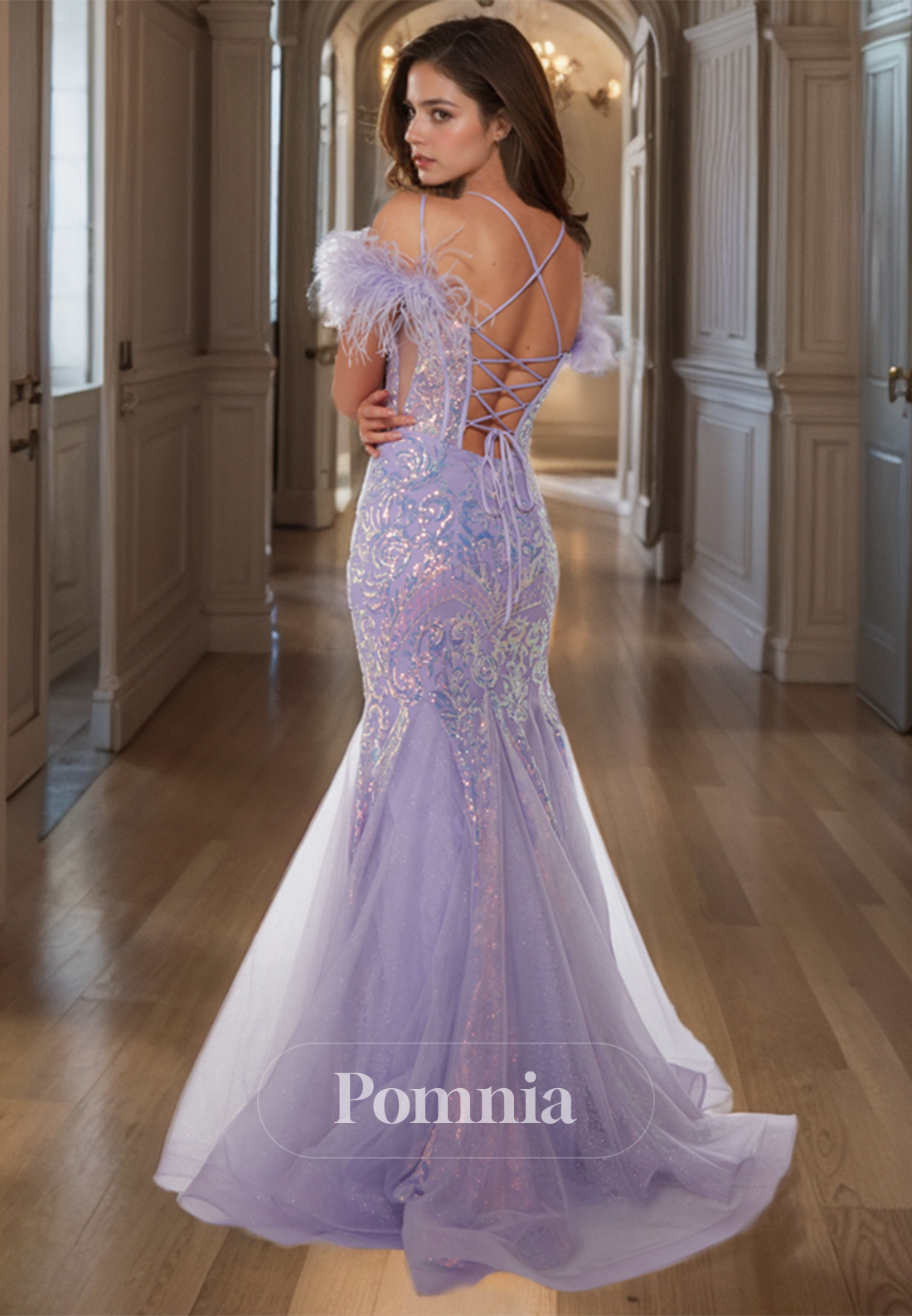 Light Purple V-Neck Sequins Mermaid Formal Party Dress with Feathers Lace-Up Back Prom Evening Dress