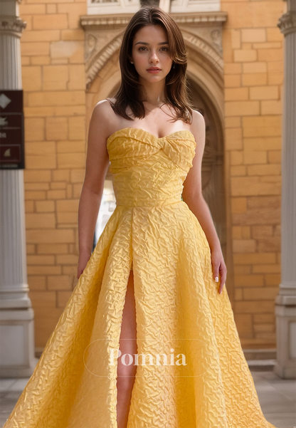 A-Line Strapless Sleeveless Prom Dress with Slit Sweep Train Evening Party Dress