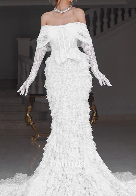 Elegant Long Sleeves Off-Shoulder Ruffles Mermaid Wedding Dress