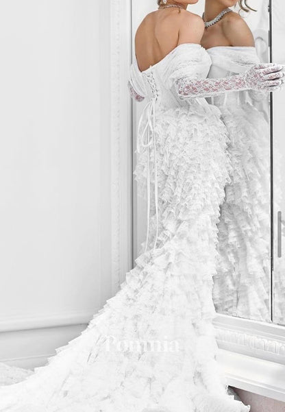 Elegant Long Sleeves Off-Shoulder Ruffles Mermaid Wedding Dress