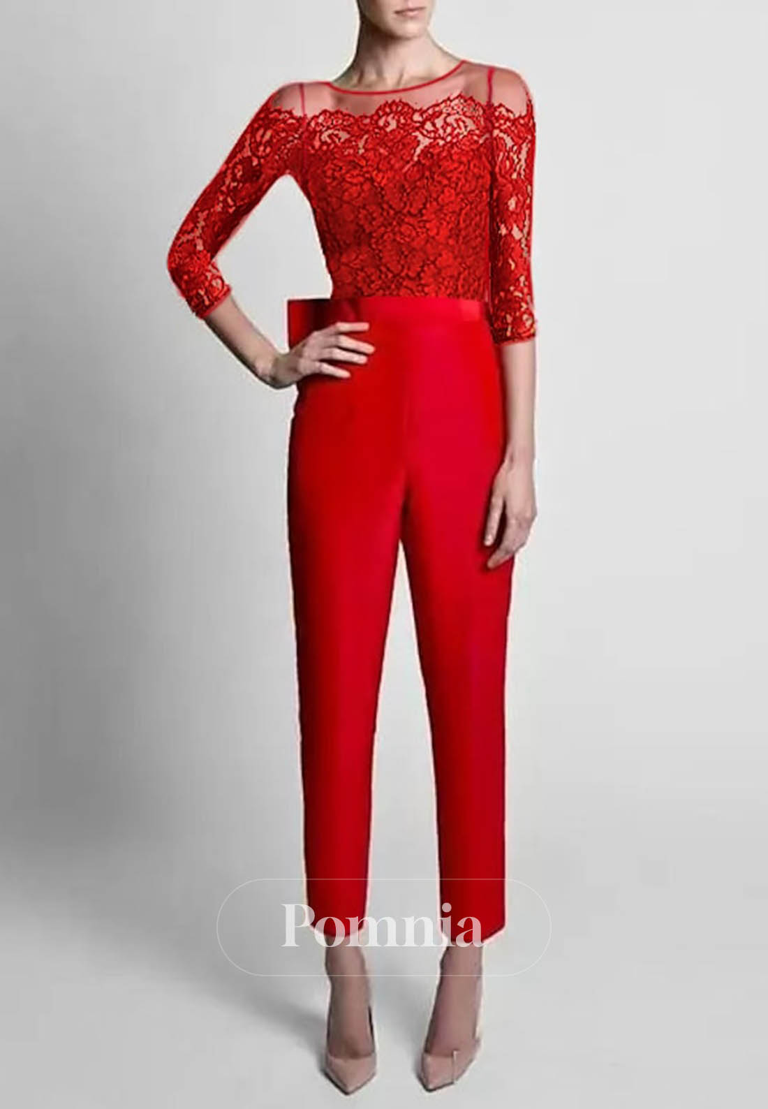 Long Sleeves Scoop Floral Appliques Jumpsuit Bowknot Evening Dress