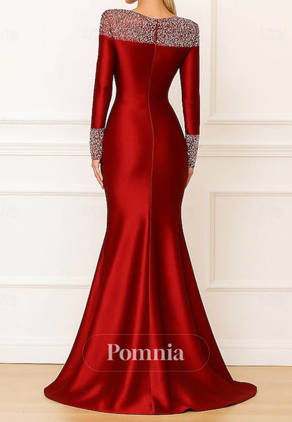 Long Sleeves Sequins Scoop Mermaid Satin Evening Dress