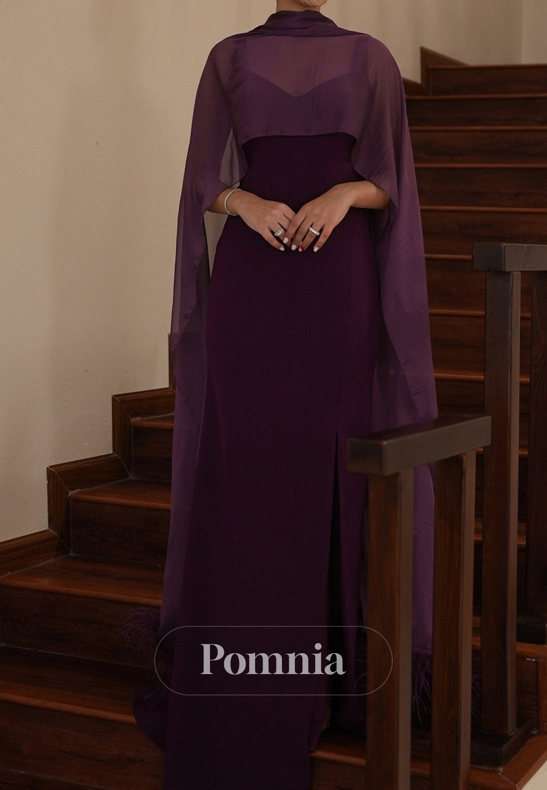 Grape Sheath Spaghetti Straps Square Slit Cape Evening Dress