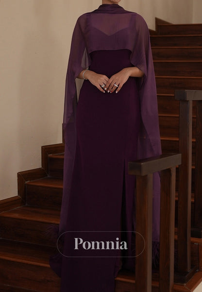 Grape Sheath Spaghetti Straps Square Slit Cape Evening Dress